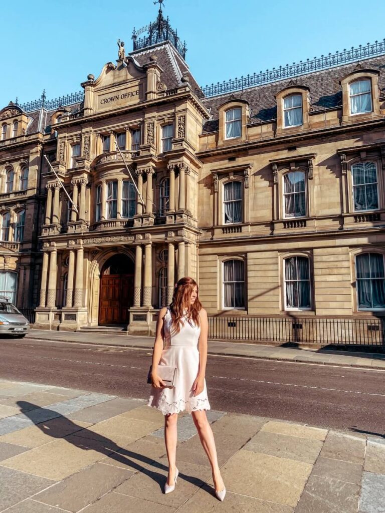 Posing outside Edinburgh Crown Court, one of the most beautiful buildings in Edinburgh.