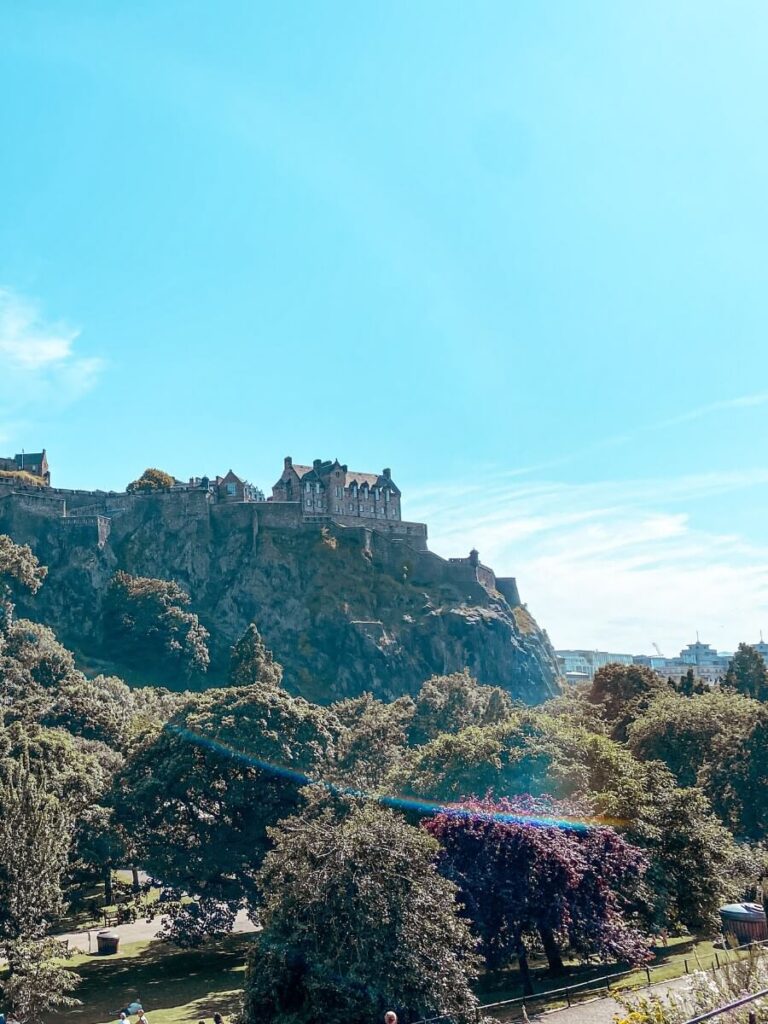 View of Edinburgh Castle from Princes Street Gardens in Edinburgh.