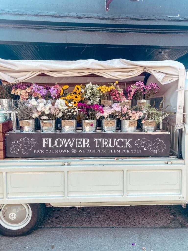 Side view of Amelia’s Flower Truck, a charming Nashville picture spot for flower lovers

