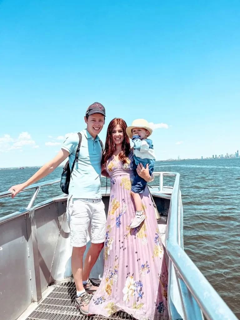 Mum in the City and Family enjoying whale watching in New York City boat cruise. 