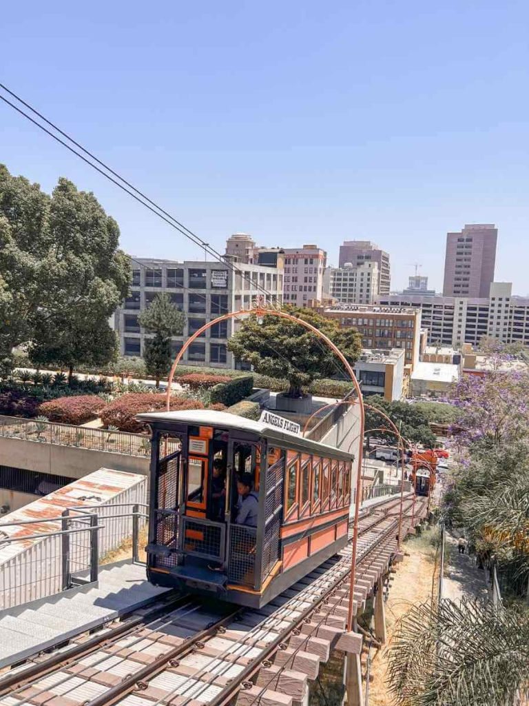 historic orange Angels Flight Railway car in Downtown Los Angeles