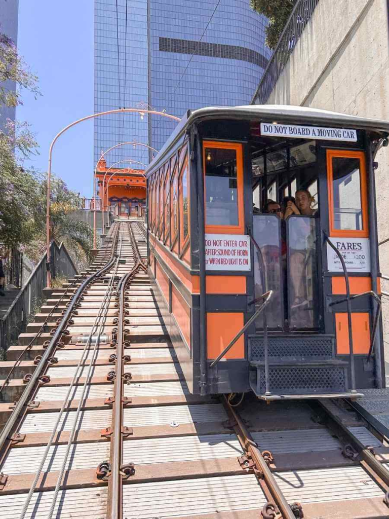historic orange Angels Flight Railway car in Downtown Los Angeles