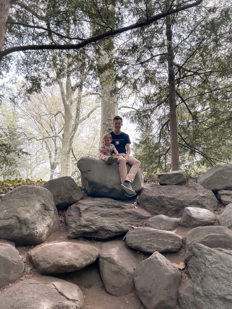 Climbing rocks by the pond