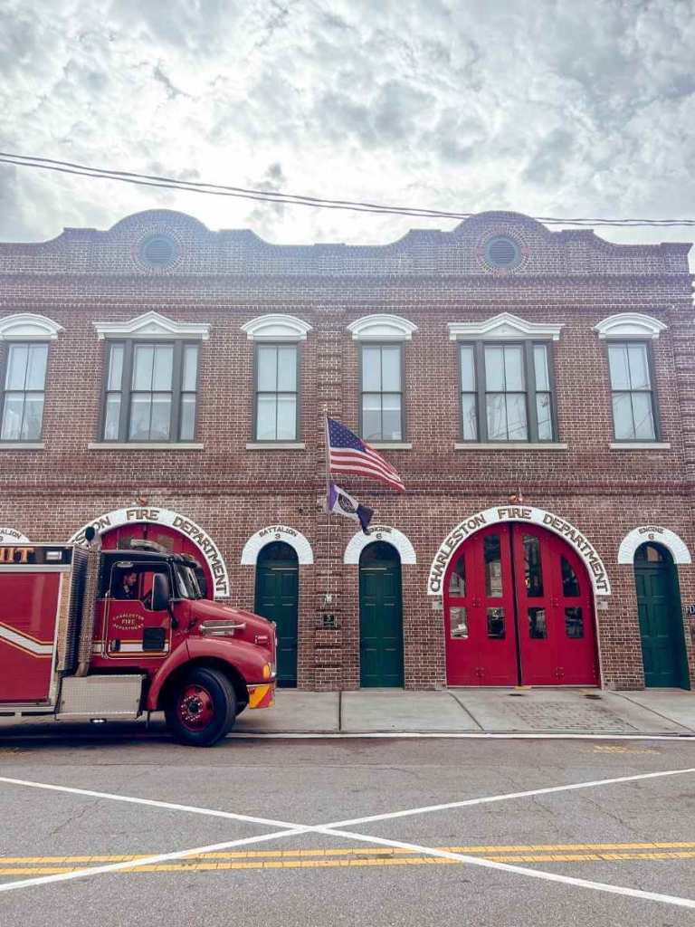 The exterior of Charleston Fire Station with a fire engine outside. A great place to visit in Charleston with toddlers or young children.