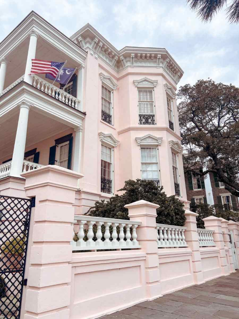 Pretty pastel pink house in South of Broad Charleston