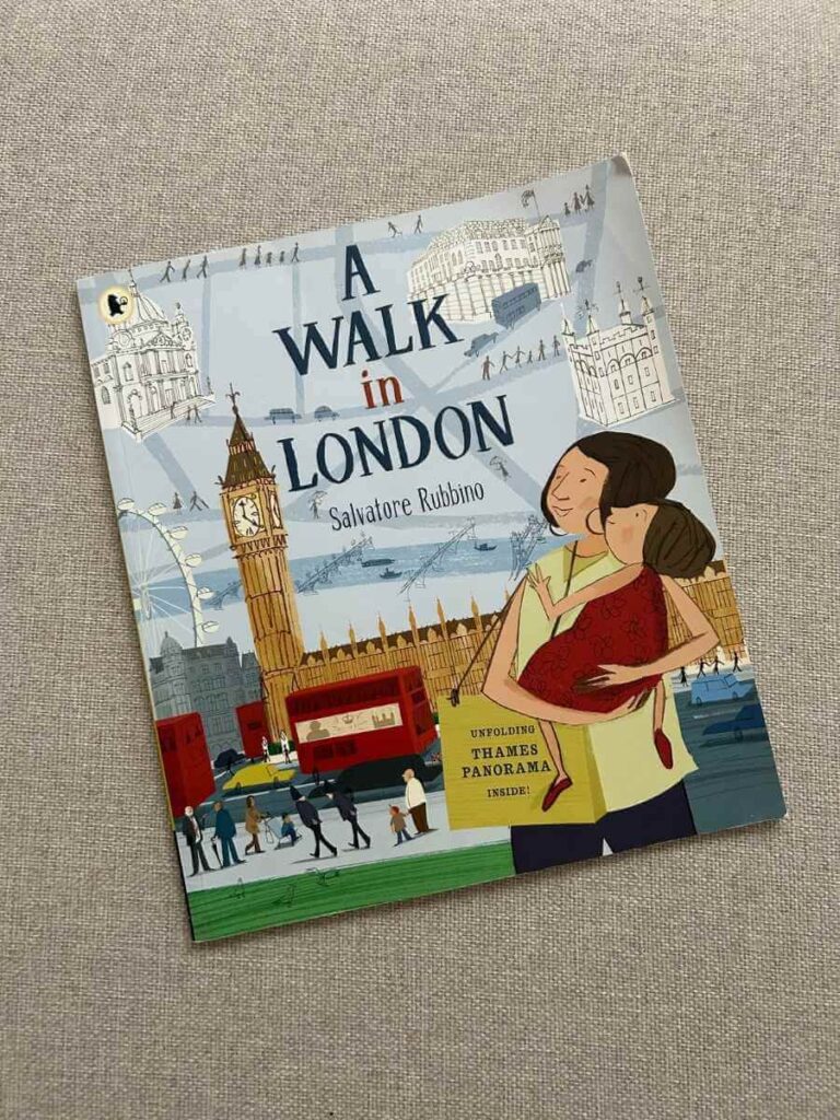 Cover of 'A Walk in London' by Salvatore Rubbino, showing a mother and daughter exploring the city together.