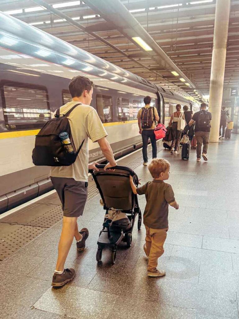 Family boarding the Eurostar at London St Pancras International station