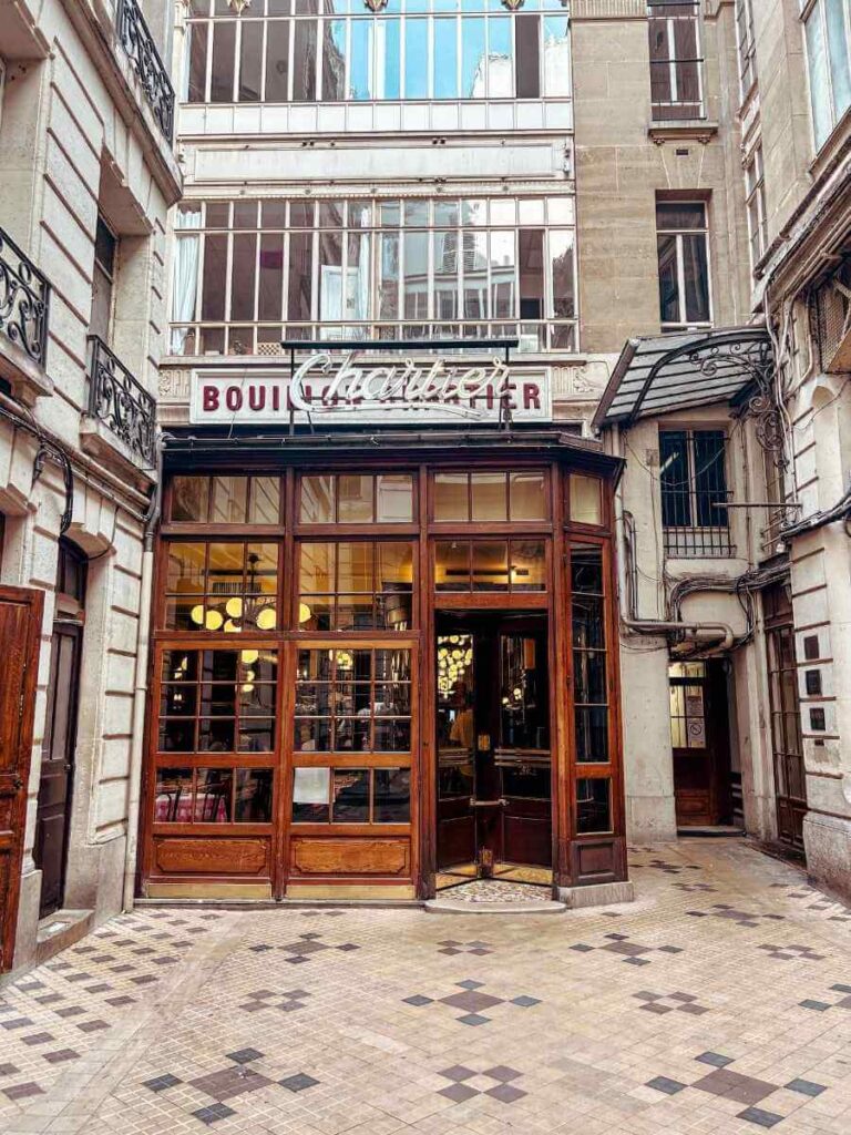 Exterior of Bouillon Chartier, a classic Parisian brasserie that is great for families with young children.