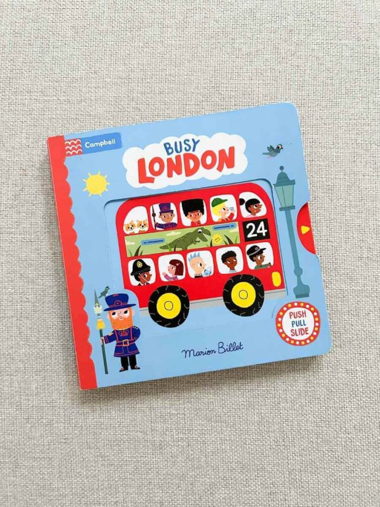 Cover of 'Busy London' by Marion Billet, showing colorful illustrations of London landmarks and a red double-decker bus.