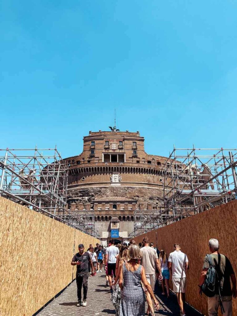 Castel Sant’Angelo in scaffolding beside the River Tiber in Rome