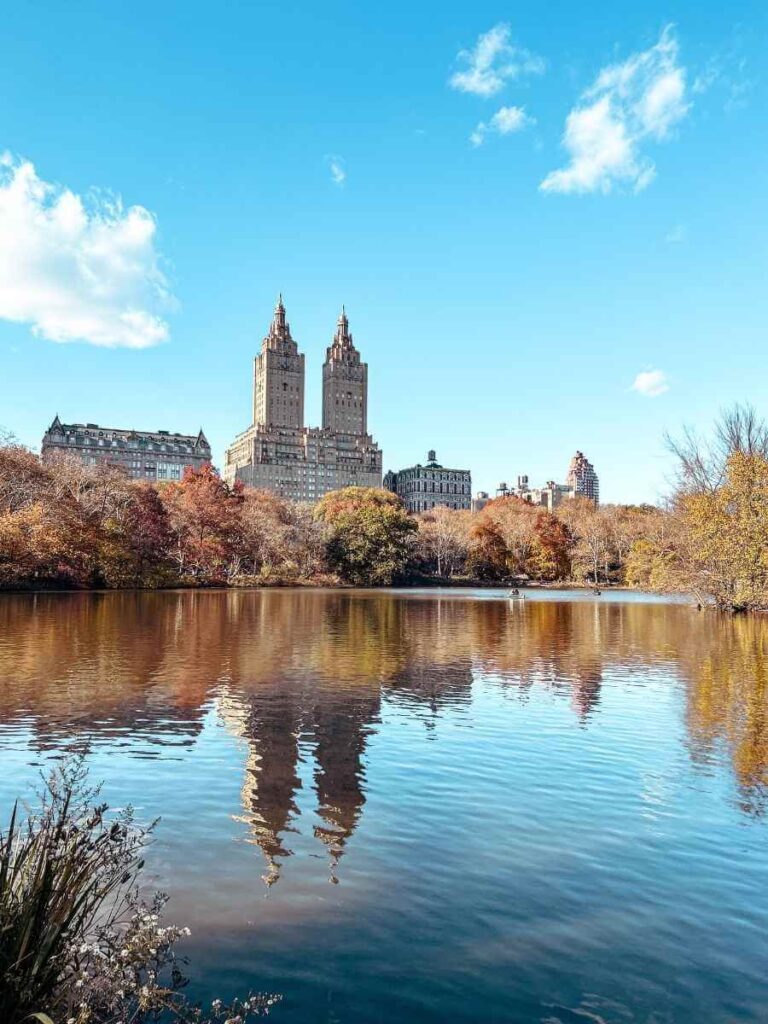 Beautiful fall foliage in Central Park with trees in vibrant autumn colours.