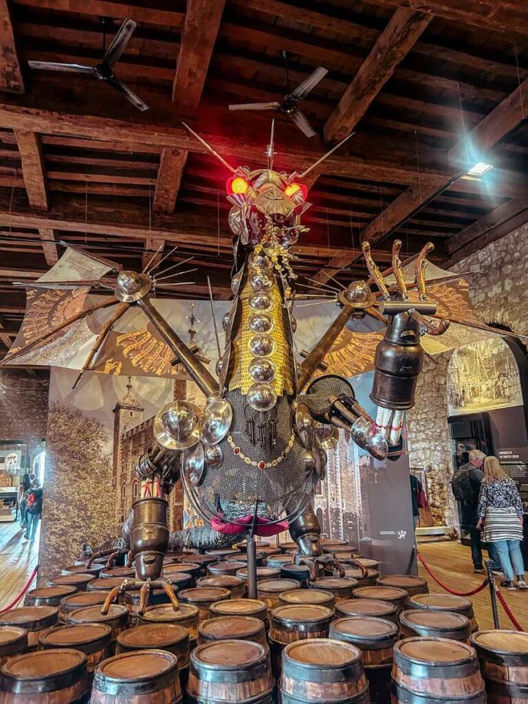 Dragon sculpture made of metal inside the Tower of London