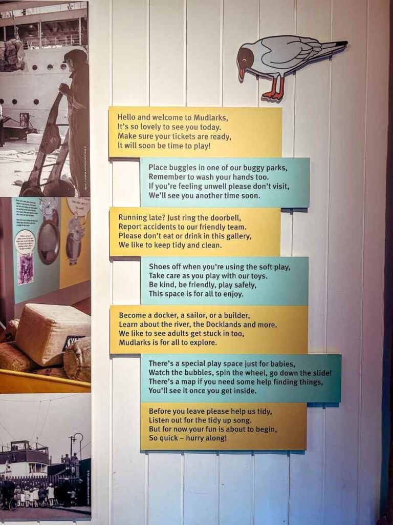 Entrance to the Mudlarks gallery at the Museum of London Docklands, with colourful signage and family-friendly design.