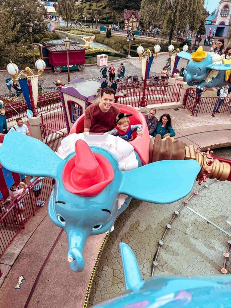 Flying Dumbo ride at Disneyland Paris – a gentle and fun ride perfect for toddlers.