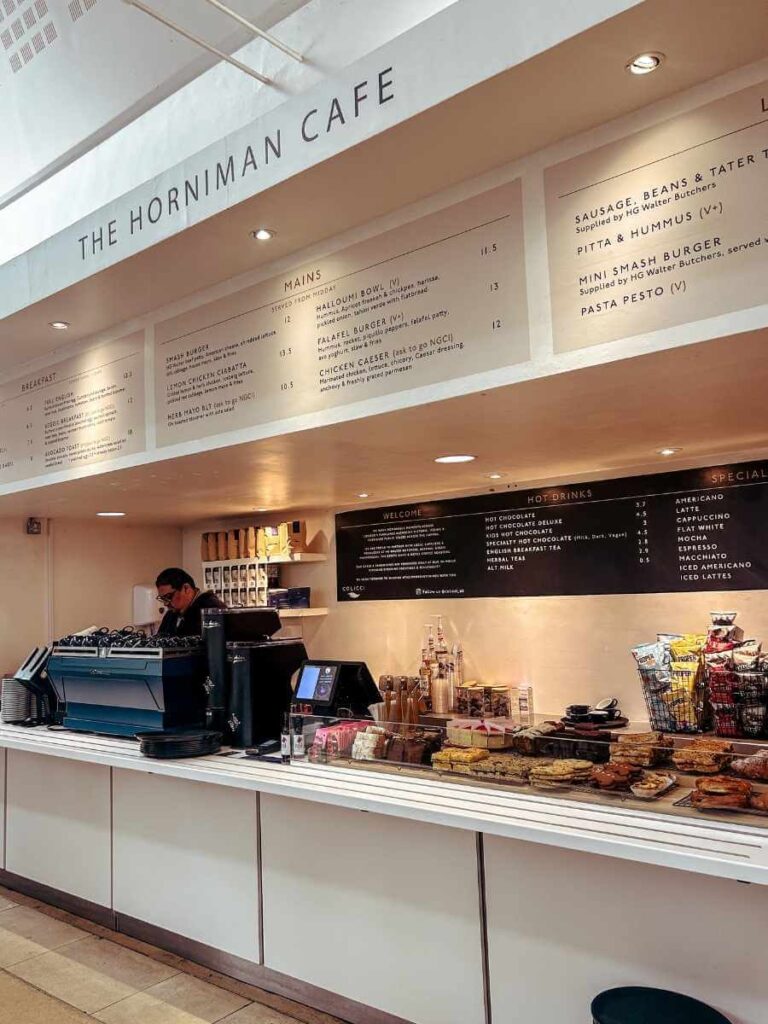 Horniman Museum café menu with kid-friendly food options on display