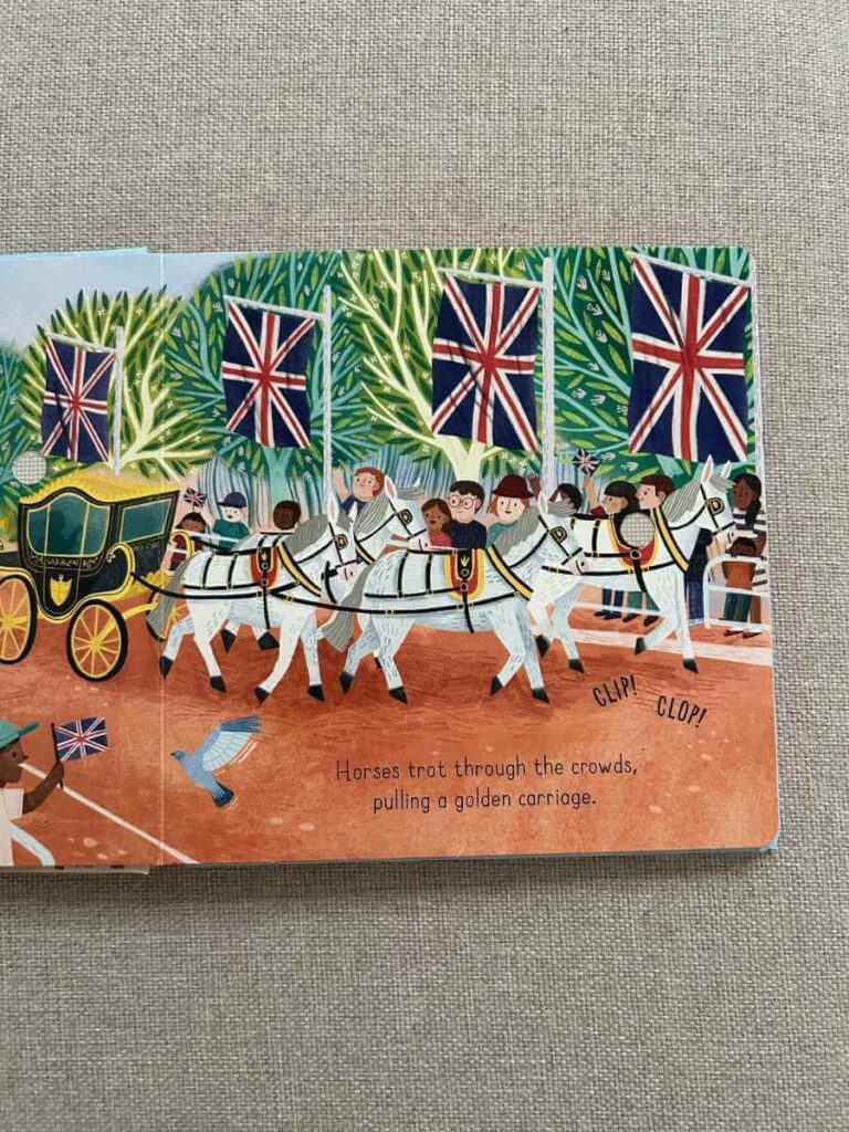 Inside page of 'London Sounds' showing illustrated London traffic with buttons to play city sounds like horses on the Mall