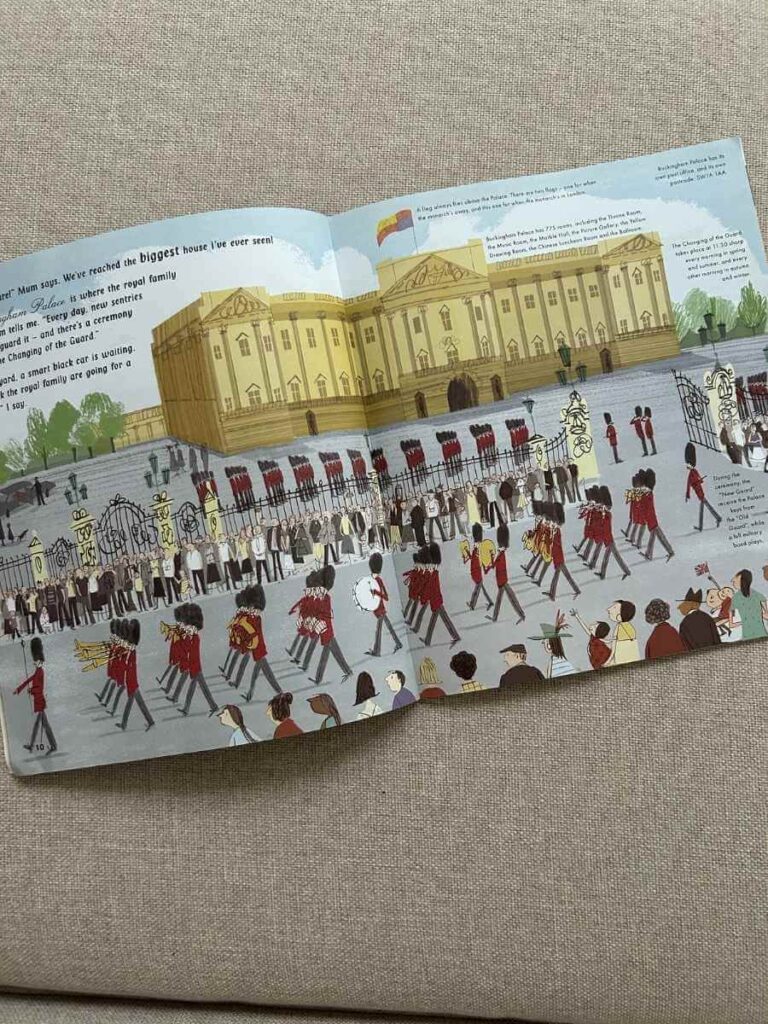 Inside illustration from 'A Walk in London' an amazing children's book about London with detailed drawings of Big Ben, the River Thames, and bustling city scenes.
