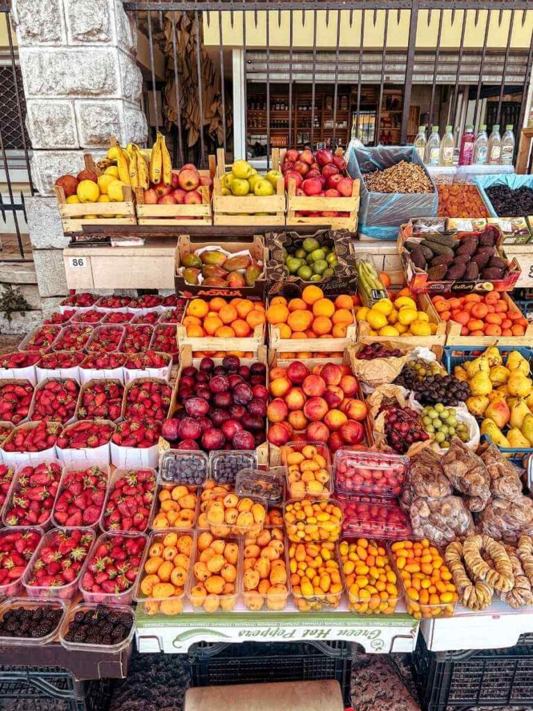 Colorful fresh fruit displayed at a local farmer’s market in Kotor, Montenegro.