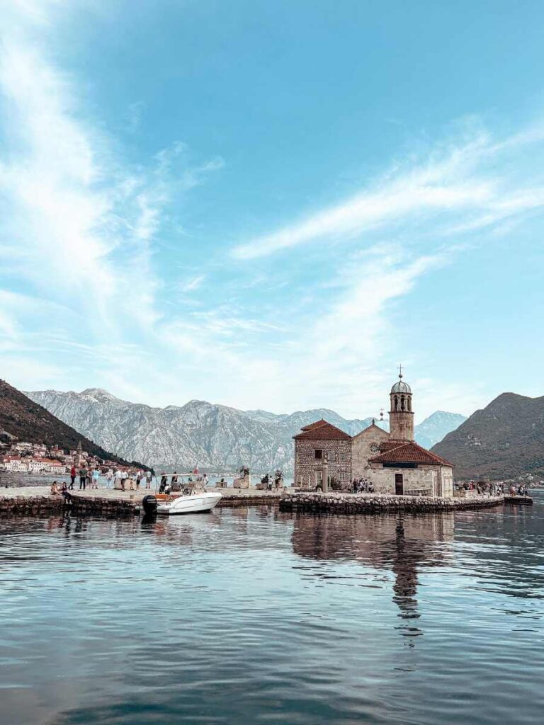 Scenic view of Our Lady of the Rocks church and island near Perast, Montenegro.