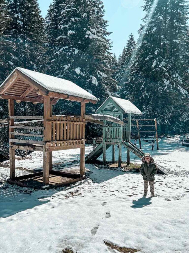 Children’s playground near Black Lake in the Durmitor National Park, Montenegro, surrounded by forest
