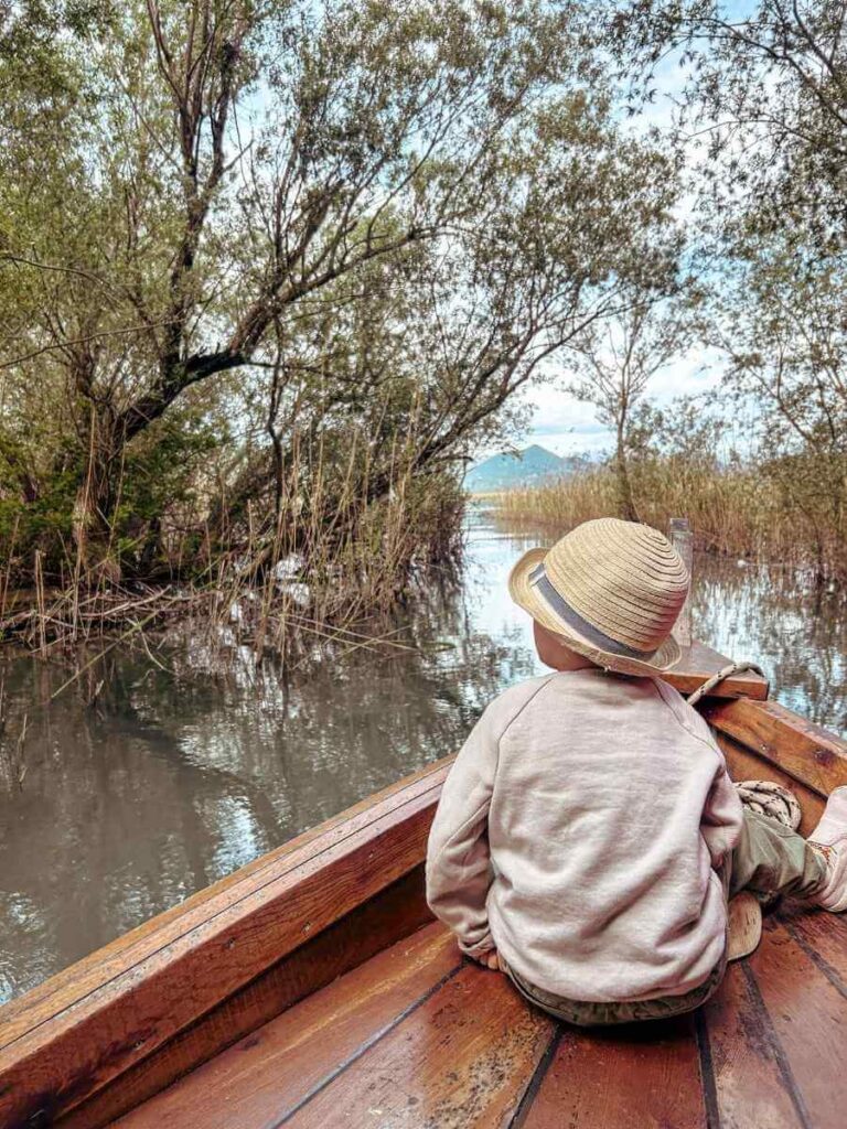 Young boy sitting on the front of a boat during a Skadar Lake boat tour with kids