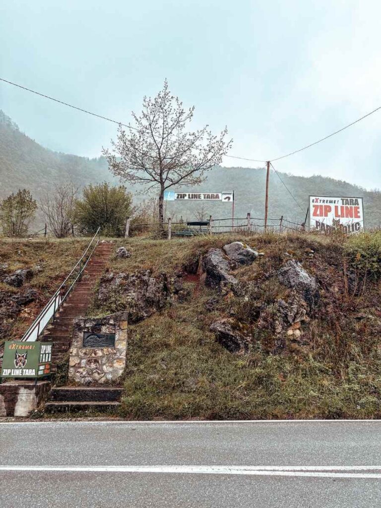 Entrance to the zipline attraction at Tara Canyon Montenegro, with views of the Tara River