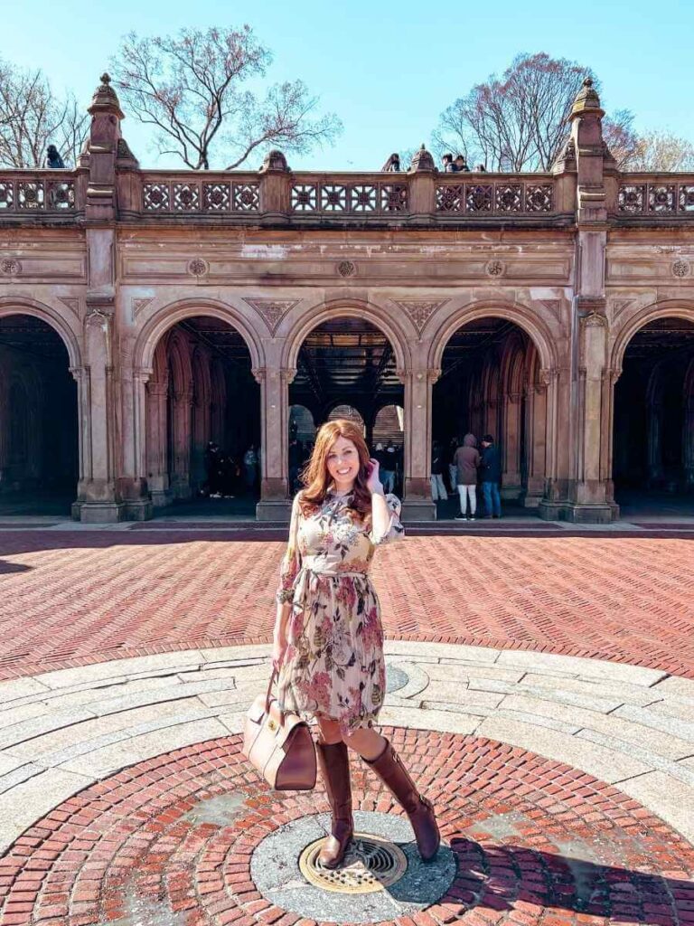 Me standing at Bethesda Terrace, iconic Gossip Girl filming location in Central Park