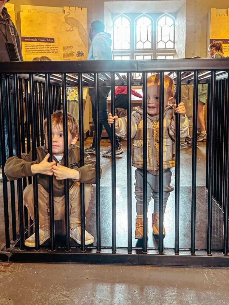 Children inside a play cage at the Royal Beasts exhibit at the Tower of London, pretending to be one of the animals