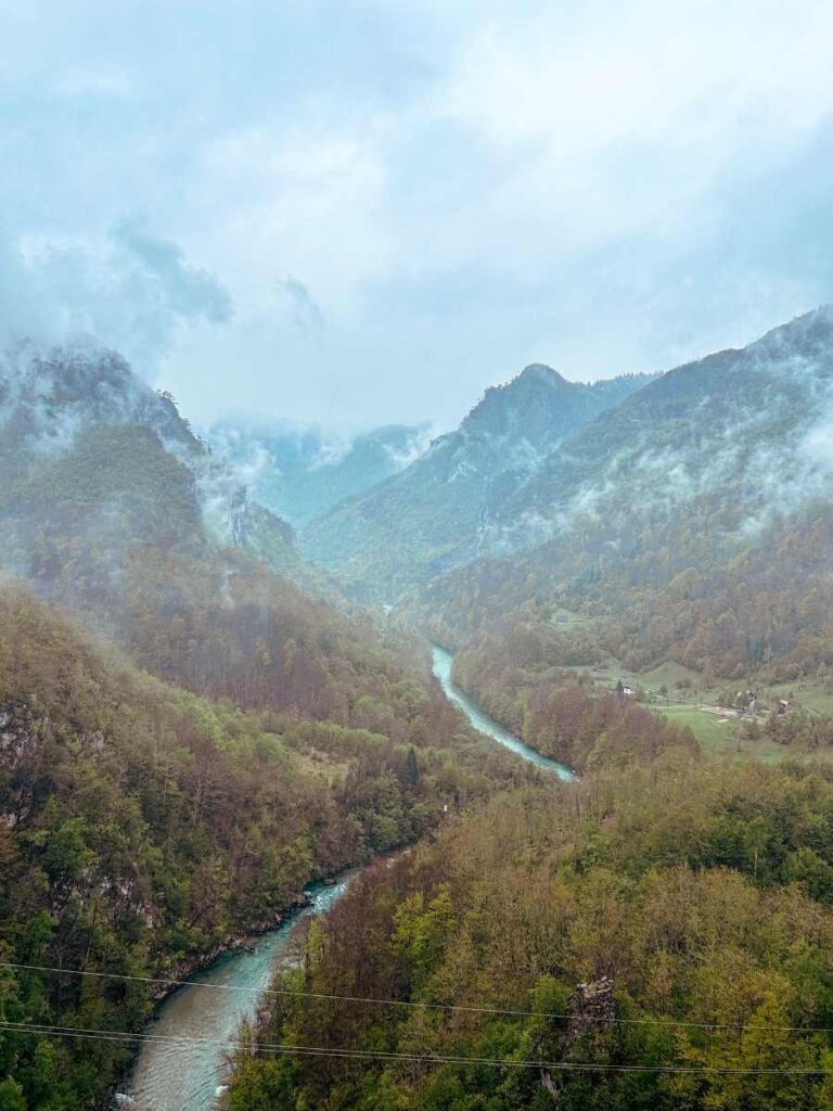 View of the Tara River flowing through Tara Canyon, seen from Đurđevića Tara Bridge in Montenegro