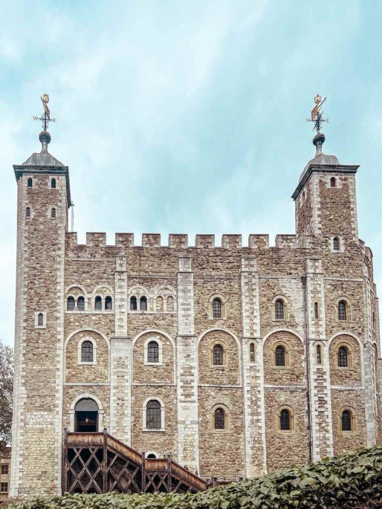 Exterior view of the Tower of London’s historic walls and turrets