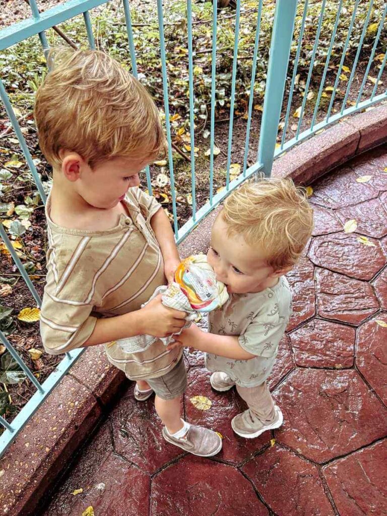 Toddlers enjoying a Mickey Mouse-shaped lollipop at Disneyland Paris – sweet treats for little kids.