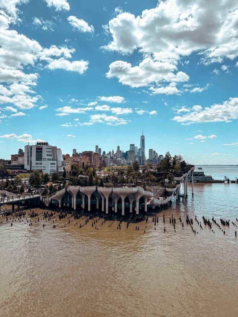 Panoramic view of Little Island and downtown Manhattan from Pier 57
