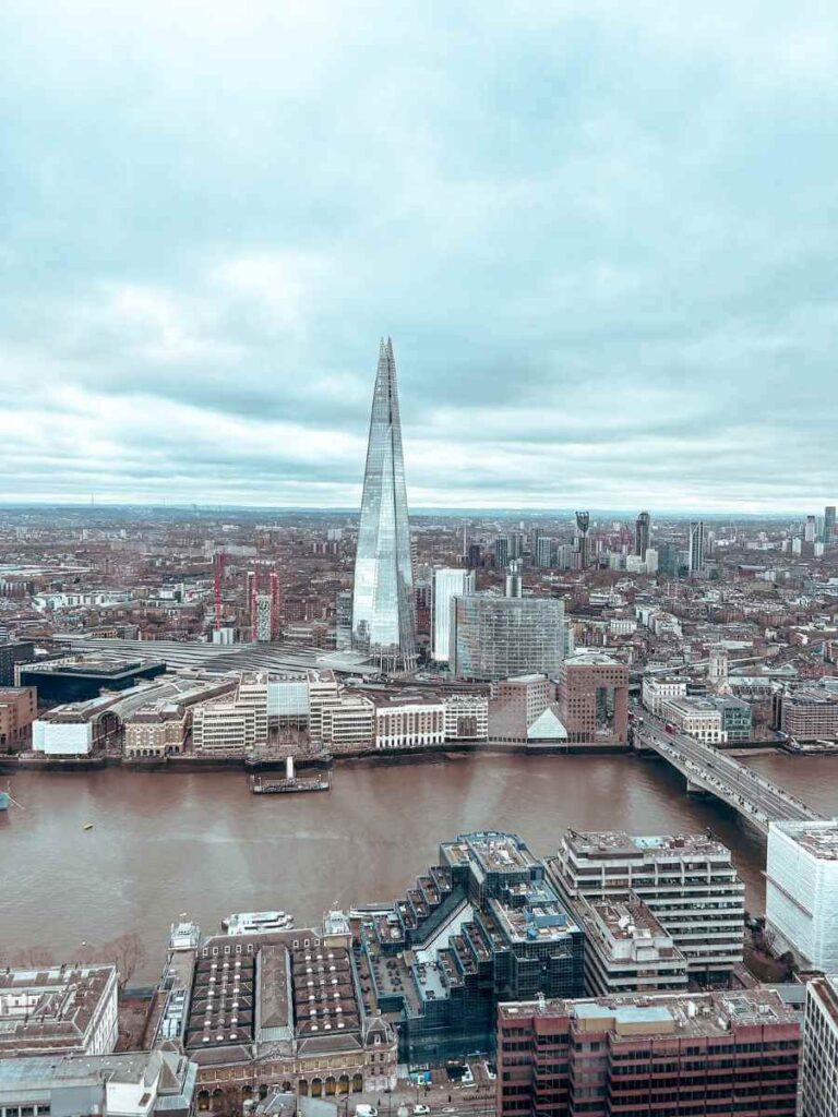 Dramatic skyline view of the Shard from the Sky Garden rooftop