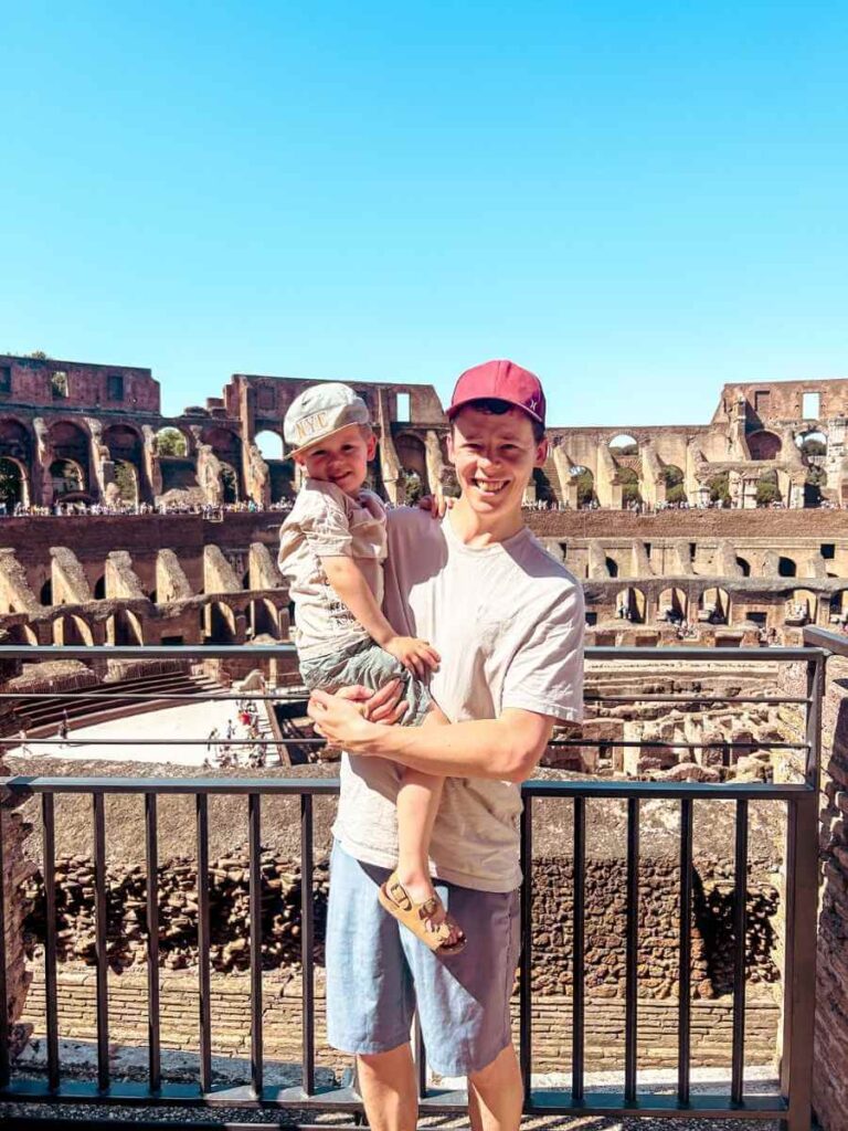 Father and son exploring inside the Colosseum during 3 days in Rome Italy as a family