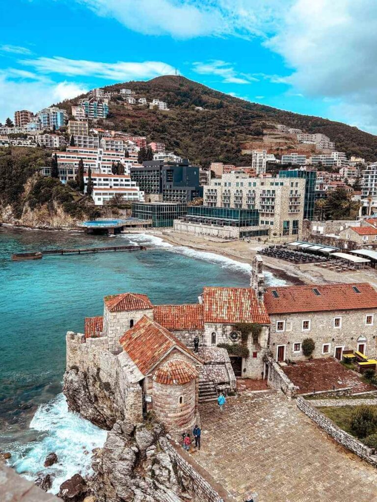 Panoramic view of Budva and the Adriatic Sea from the top of the Budva Citadel
