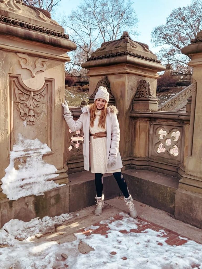 Standing by the Bethesda Terrace in Central Park, one of the most Instagrammable places in New York.