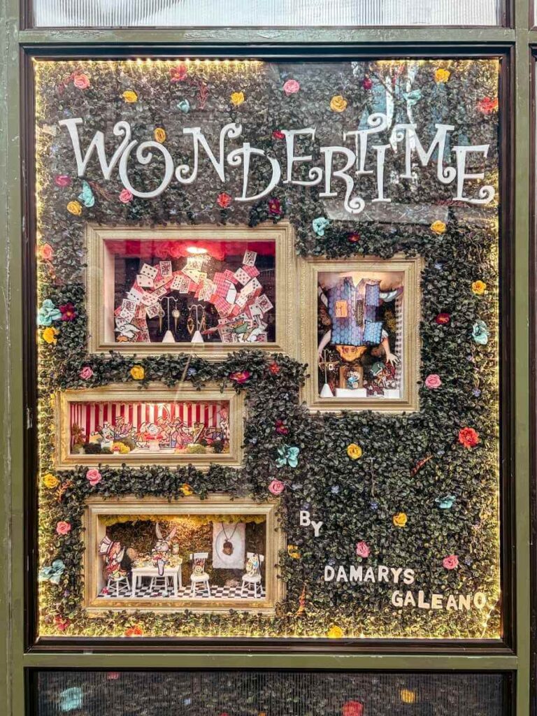 Close-up of festive decorations and gifts at Bryant Park Holiday Market in New York City.