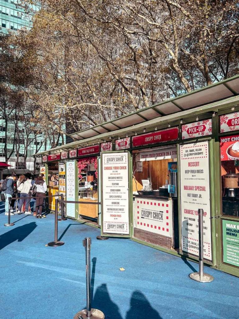 stalls at the Bryant Park Winter Village — a must-do during Christmas in NYC with kids.