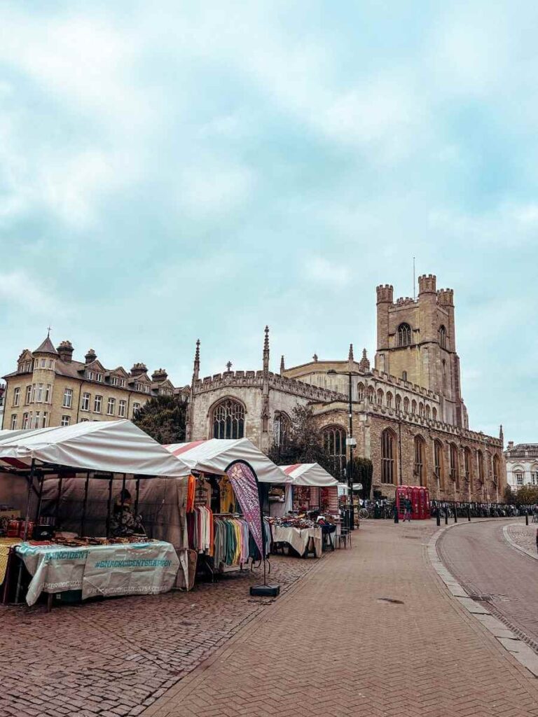 Stalls at Cambridge Market – a lively place to browse for food and souvenirs during a family trip.