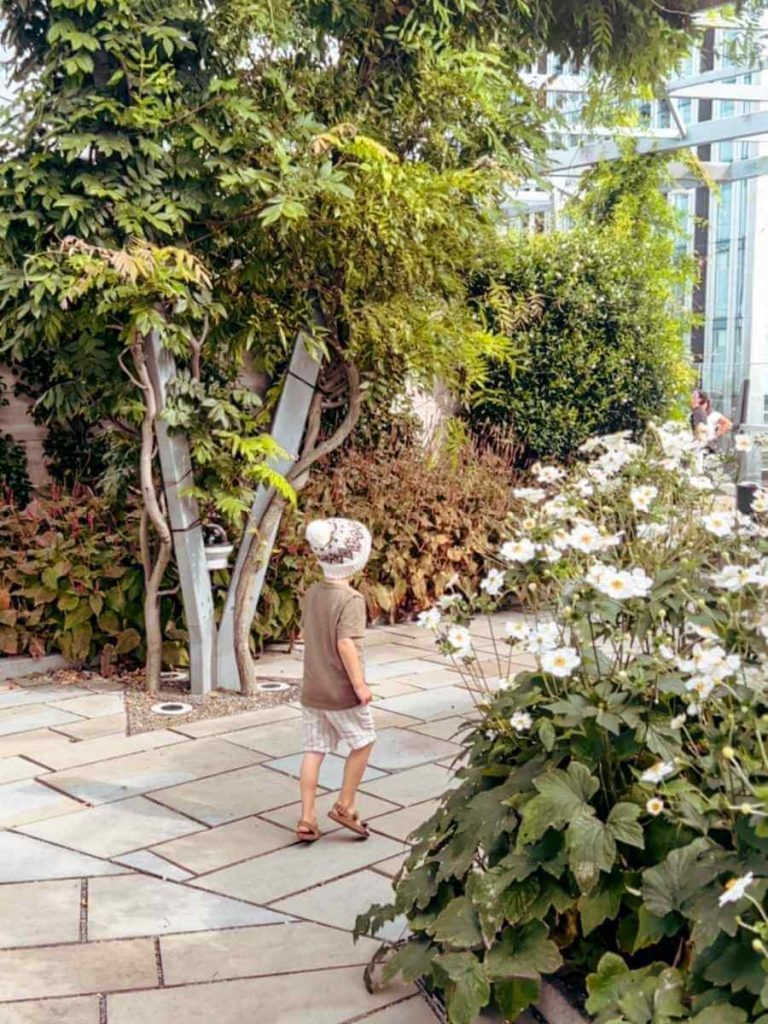 Child walking among flowers at The Garden at 120, a free rooftop garden in London