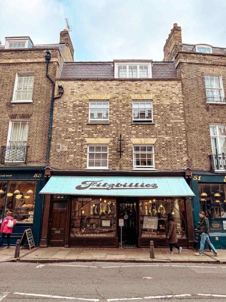 Exterior of Fitzbillies bakery in Cambridge, famous for its Chelsea buns – a tasty stop on a family day out.