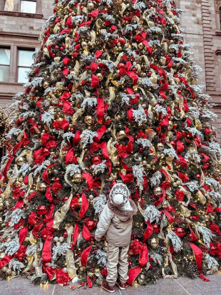 Christmas decorations outside The Lotte New York Palace Hotel, one of the most festive hotels in New York for Christmas with kids.