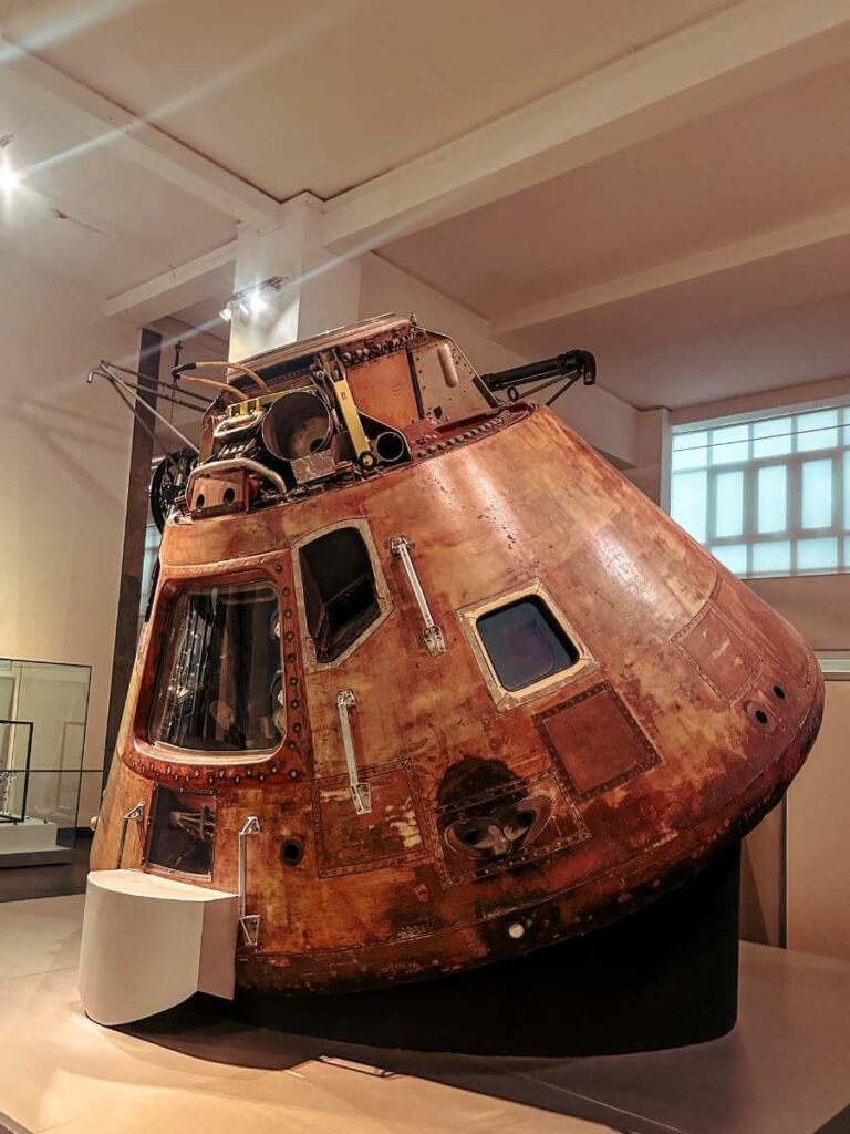 Apollo Command Module on display at the Science Museum London’s space exhibit — a historic spacecraft that captivates kids and families visiting the museum.