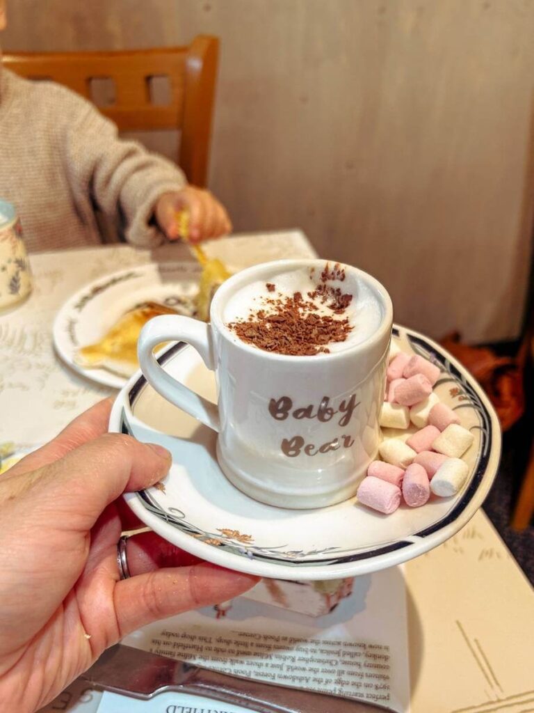 Cute kids hot chocolate at Pooh Corner Tea Room in the Ashdown Forest