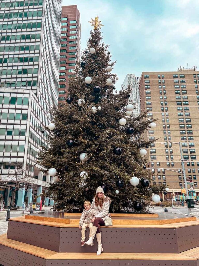 The Seaport District Christmas tree glowing with lights — a charming family-friendly spot in NYC at Christmas.