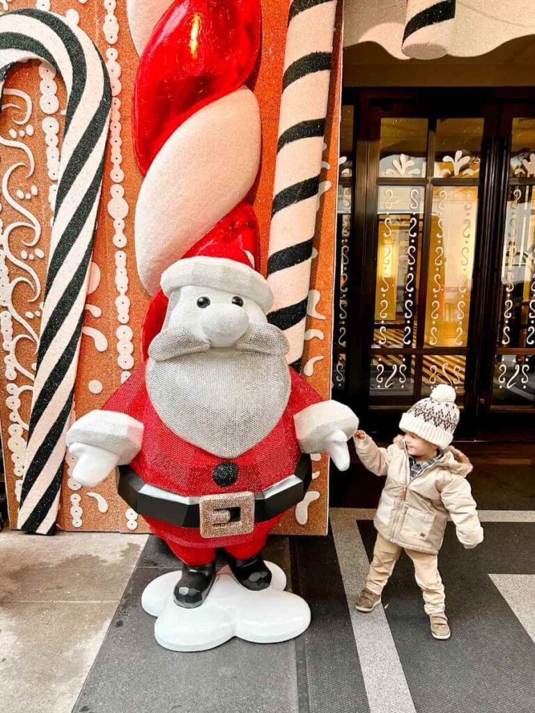 estive Santa Decoration outside The Mark Hotel in New York City during the holidays.