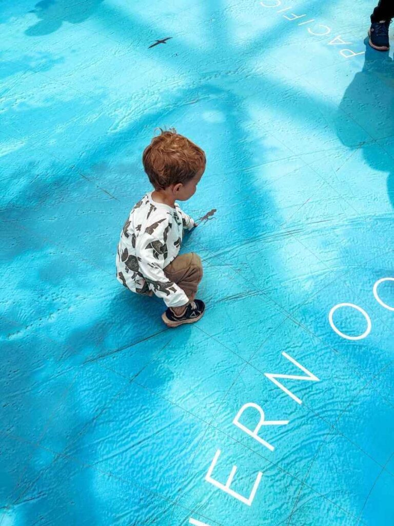 Toddler exploring the Ocean Map at the National Maritime Museum, searching for sea creatures – an interactive activity loved by kids.