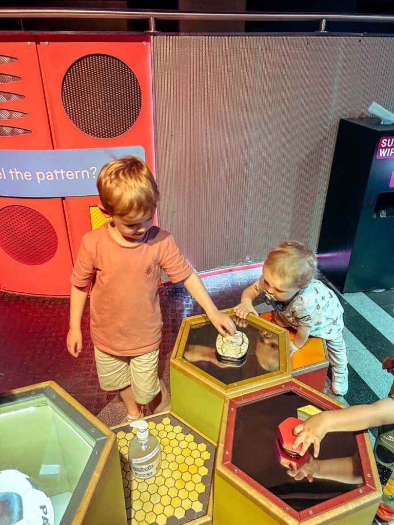 Interactive music toys for young children in the Pattern Pod, a toddler-friendly zone at the Science Museum London.