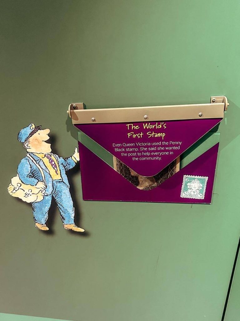 Child-friendly information sign at The Postal Museum, designed to engage young visitors.