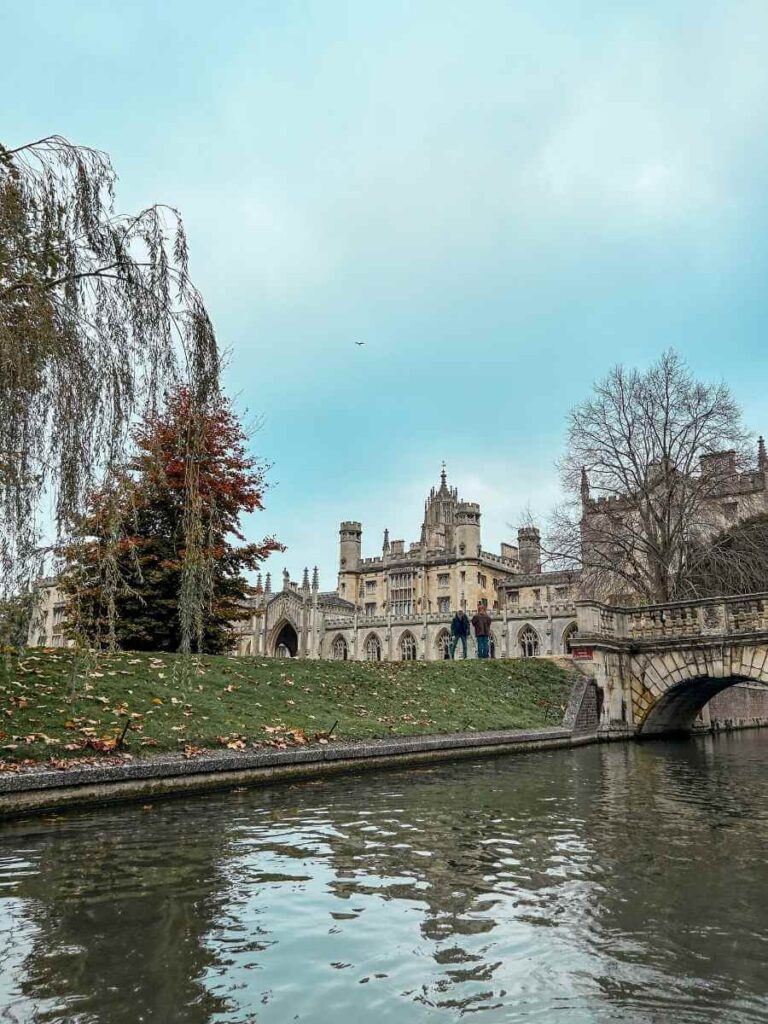 Scenic view of St John’s New Court from the river during a Cambridge punting tour for families.